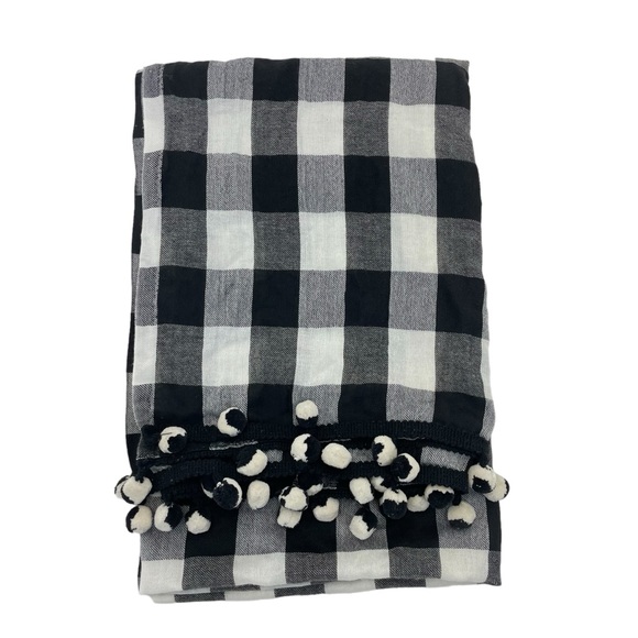 Talbots Scarf Wrap Plaid with Pompoms OS Black & White - Picture 2 of 11